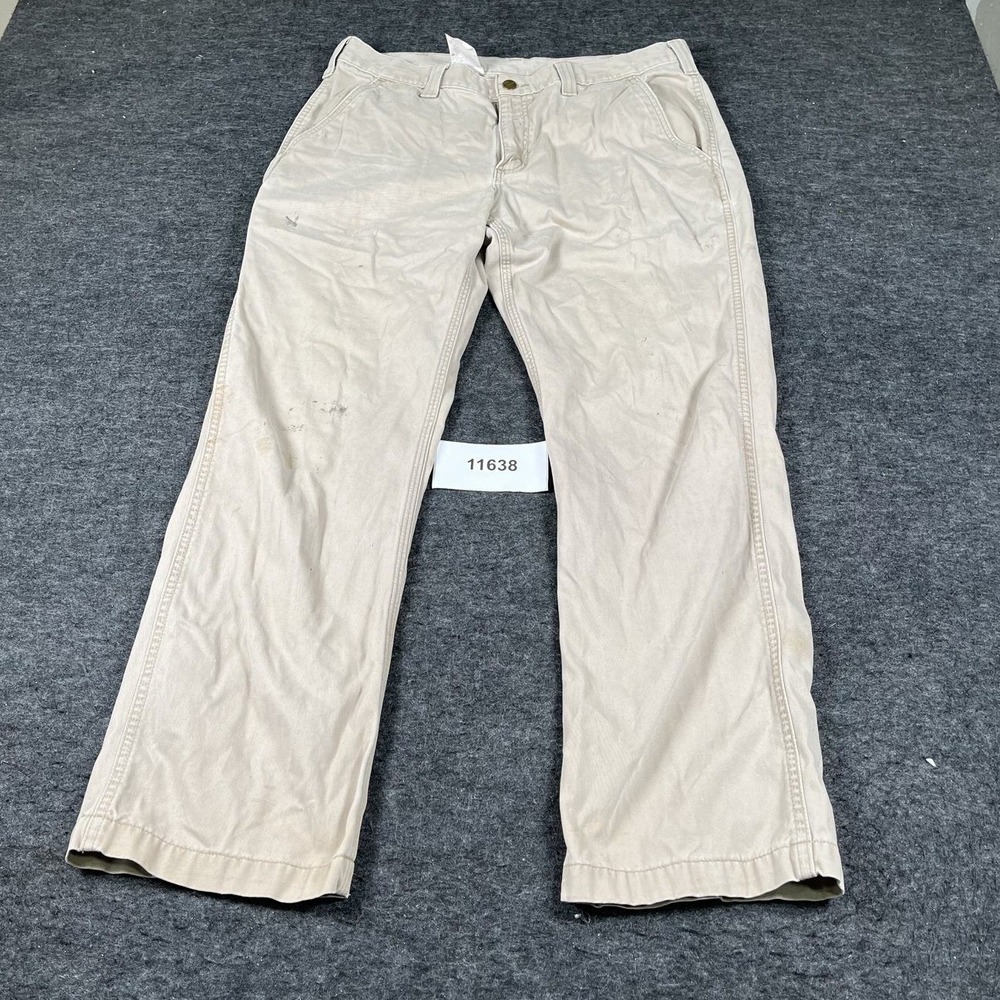 Carhartt Work Pants Mens 34 Khaki Fair Distressed Stained Utility Canvas